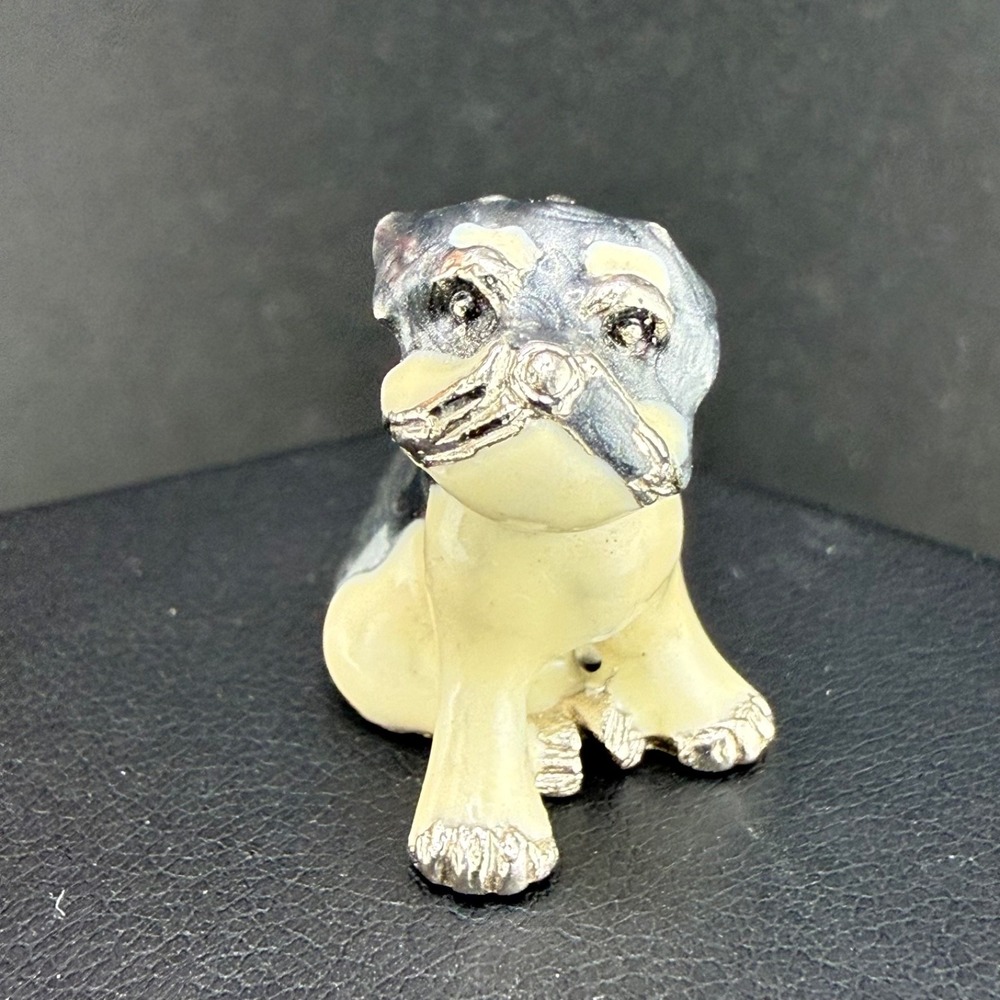 Vintage CN Dog Charm Silver Tone Enamel Pug Bulldog Signed
